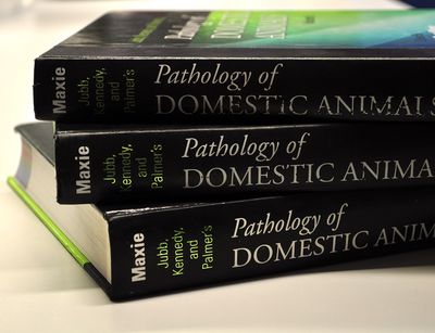 Buchrücken der drei übereinander liegenden Bände des englischsprachigen veterinär-pathologischen Standardwerkes