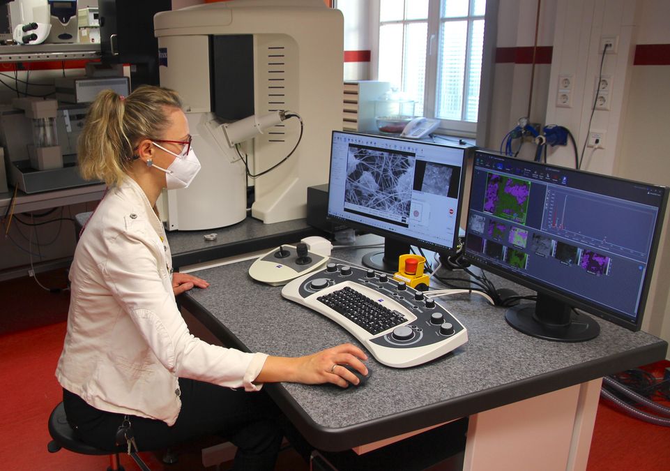 Das Rasterelektronenmikroskop EVO LS 15 (Zeiss) am Veterinär-Anatomischen Institut. Am REM: Dr. Anja Reinert. Foto: Dr. Anja Reinert