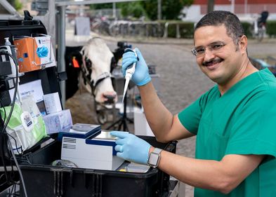 11. Leipziger Tierärztekongress: Dr. Ahmed Abd El Wahed von der Universität Leipzig testet Kuh Elfriede mit seinem Kofferlabor auf das Bovines-Herpesvirus.